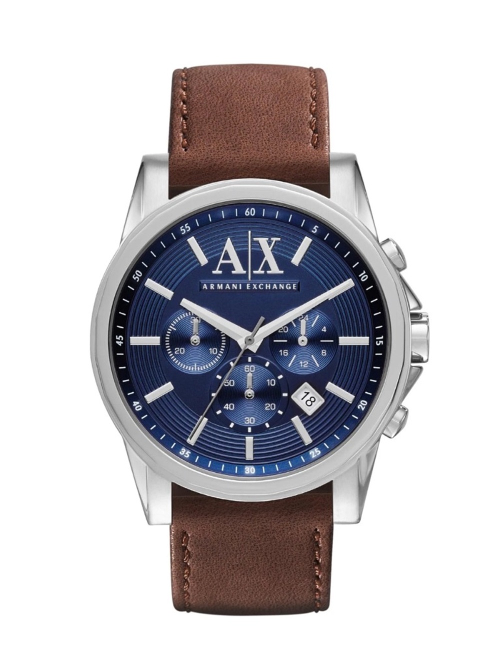 Armani Exchange Men's Blue Dial Chronograph Watch with Brown Leather Strap